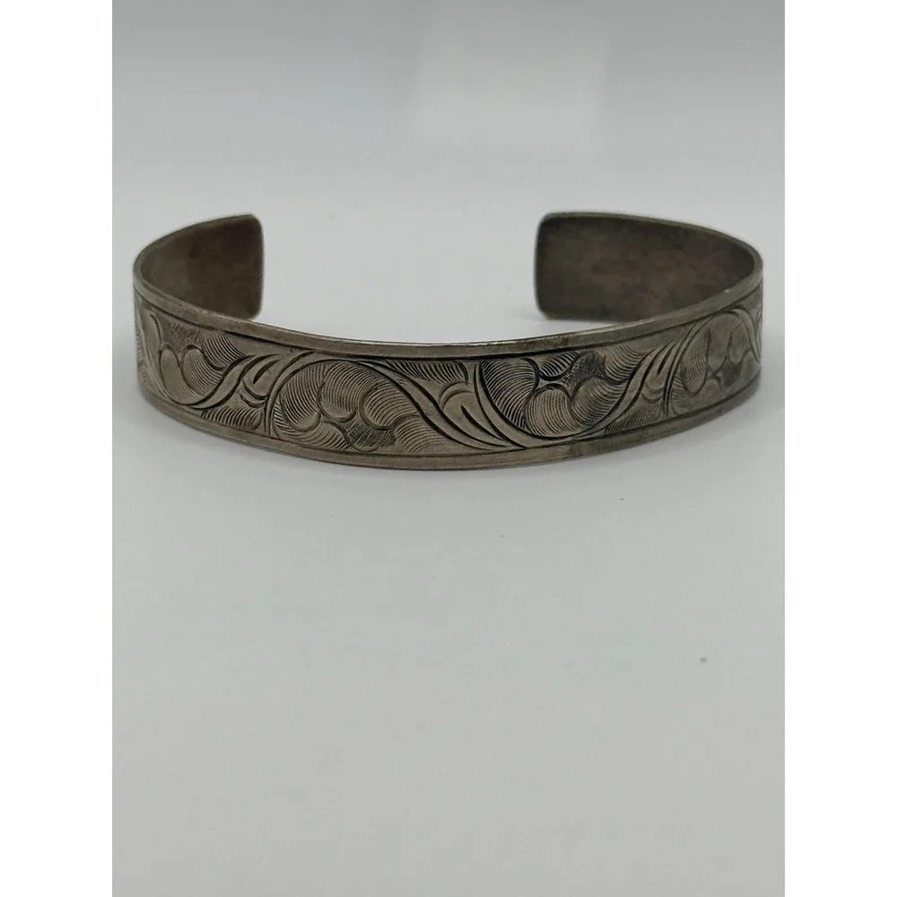 Silver Tone Etched Cuff Bracelet Waves Paisley 8